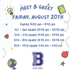 Meet & Greet Friday, August 20th at our school campus